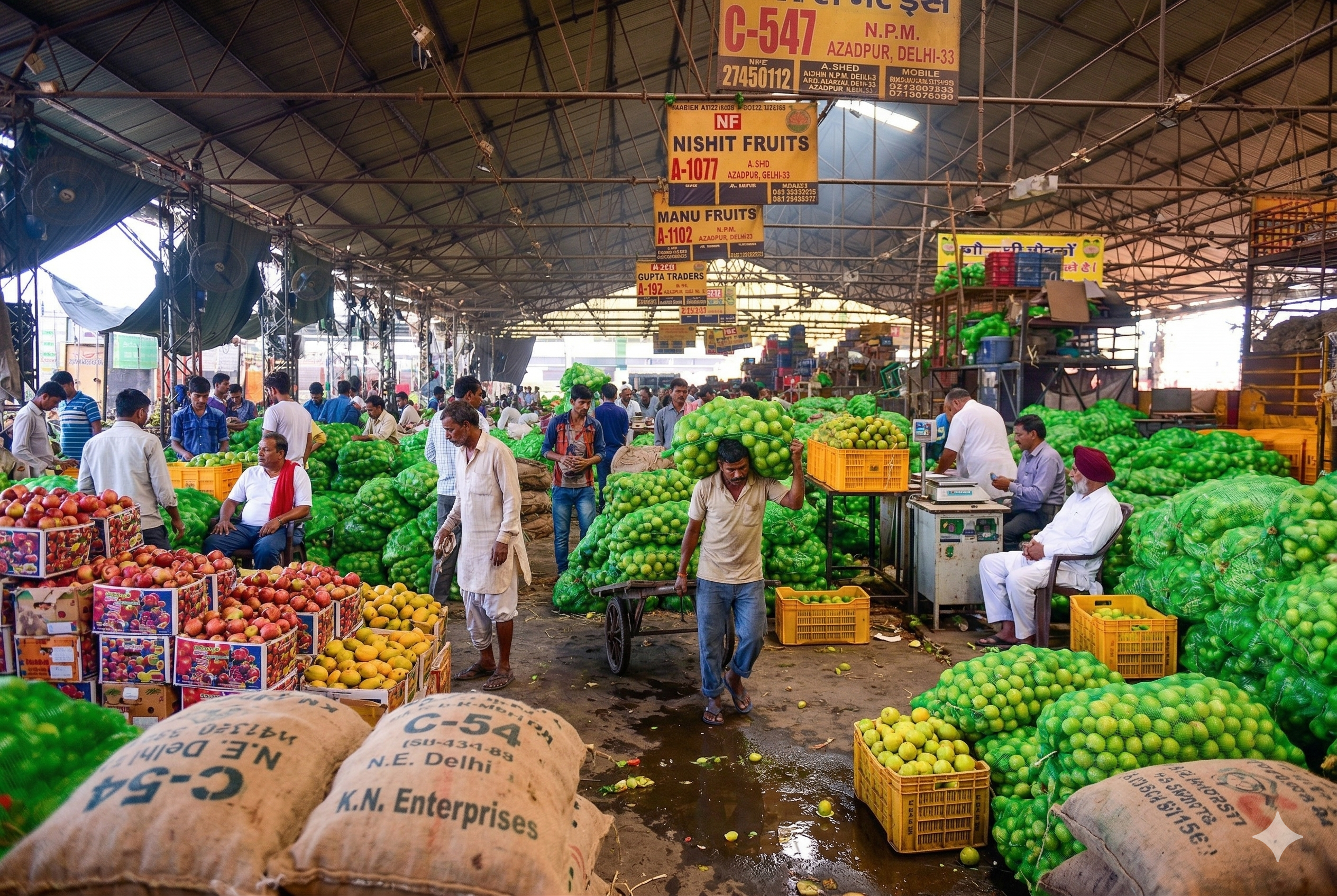 Busy Indian wholesale fruit and vegetable mandi market